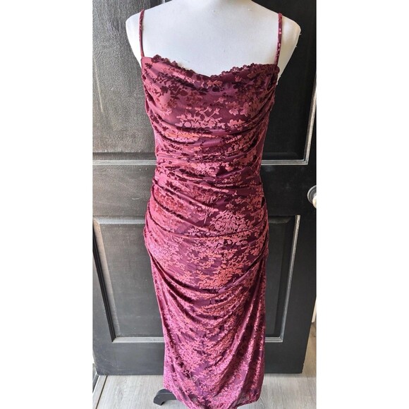 NWT Whimsigoth Burgundy Burnout Velvet Draped Bodycon Stretch Column Gown - Picture 1 of 10